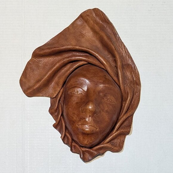 Brown Hand Tooled leather Lady Face Mark Wall Decor - Picture 1 of 3